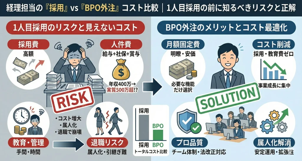 経理担当者の採用コスト(紹介料・社会保険・管理費)とBPO外注費用の比較シミュレーション。1人目採用のリスク(退職・属人化・不正)と、スタートアップが選ぶべきバックオフィス戦略の図解