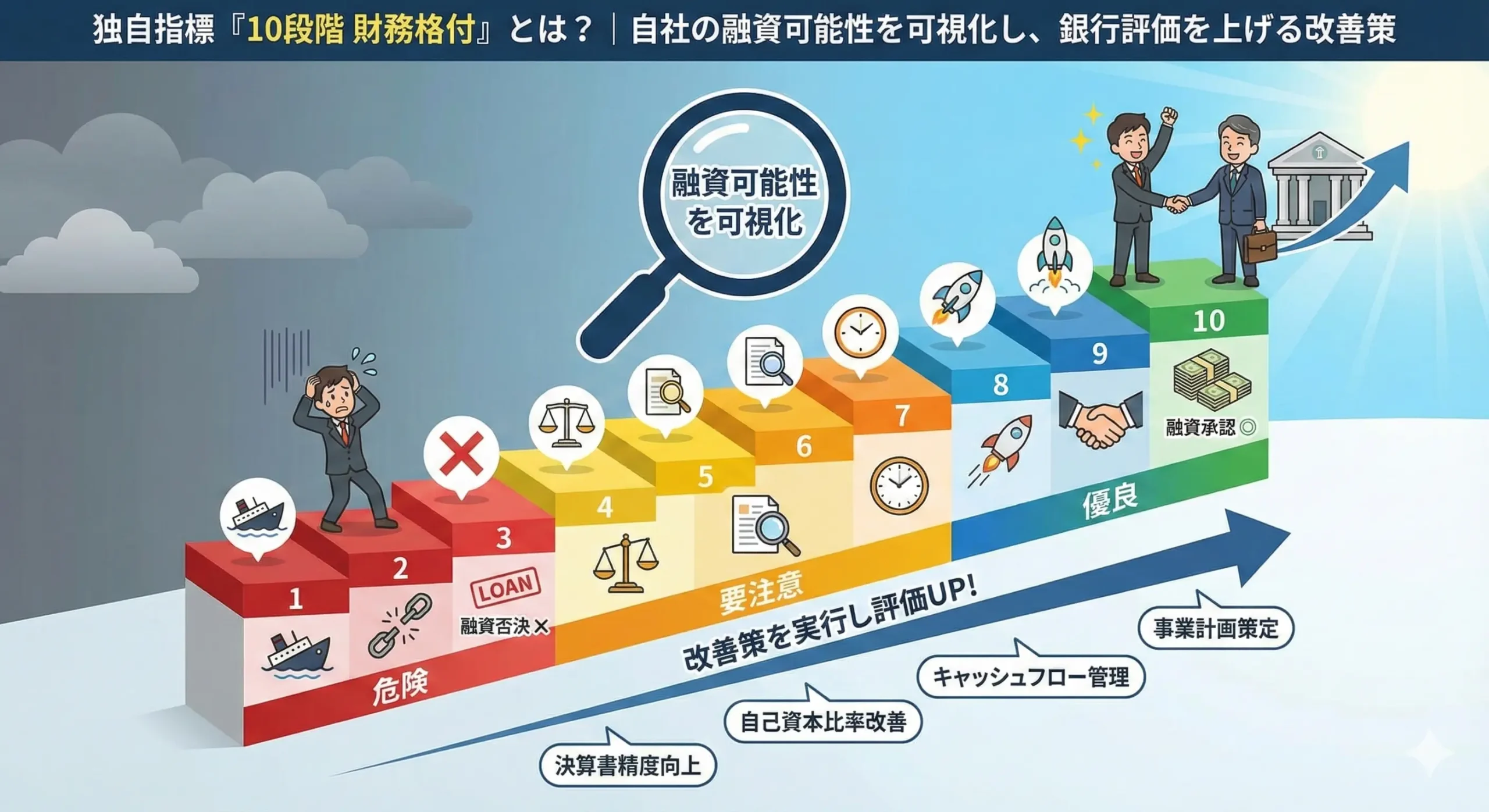 銀行融資の審査基準となる「財務格付(スコアリング)」の仕組み|10段階評価のランク上げ(DES活用・自己資本比率改善)とCRDモデルの図解