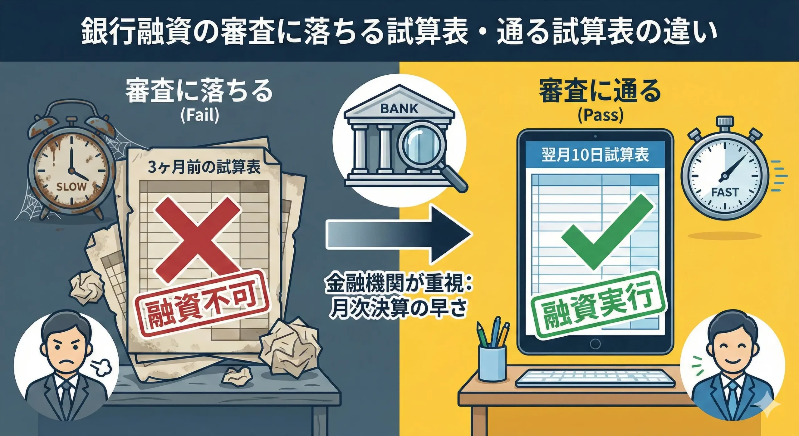 銀行融資の審査で「一発アウト」になる試算表の特徴(役員貸付金、仮払金、月次決算の遅れ)と、金融機関の財務格付ロジックの図解