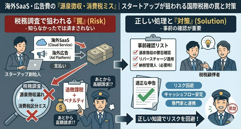 Google広告やMeta広告の消費税リバースチャージ方式の仕組みと、海外SaaS（AWS・Zoom）利用時の登録国外事業者確認、海外外注費の源泉徴収漏れリスク（グロスアップ計算）の図解