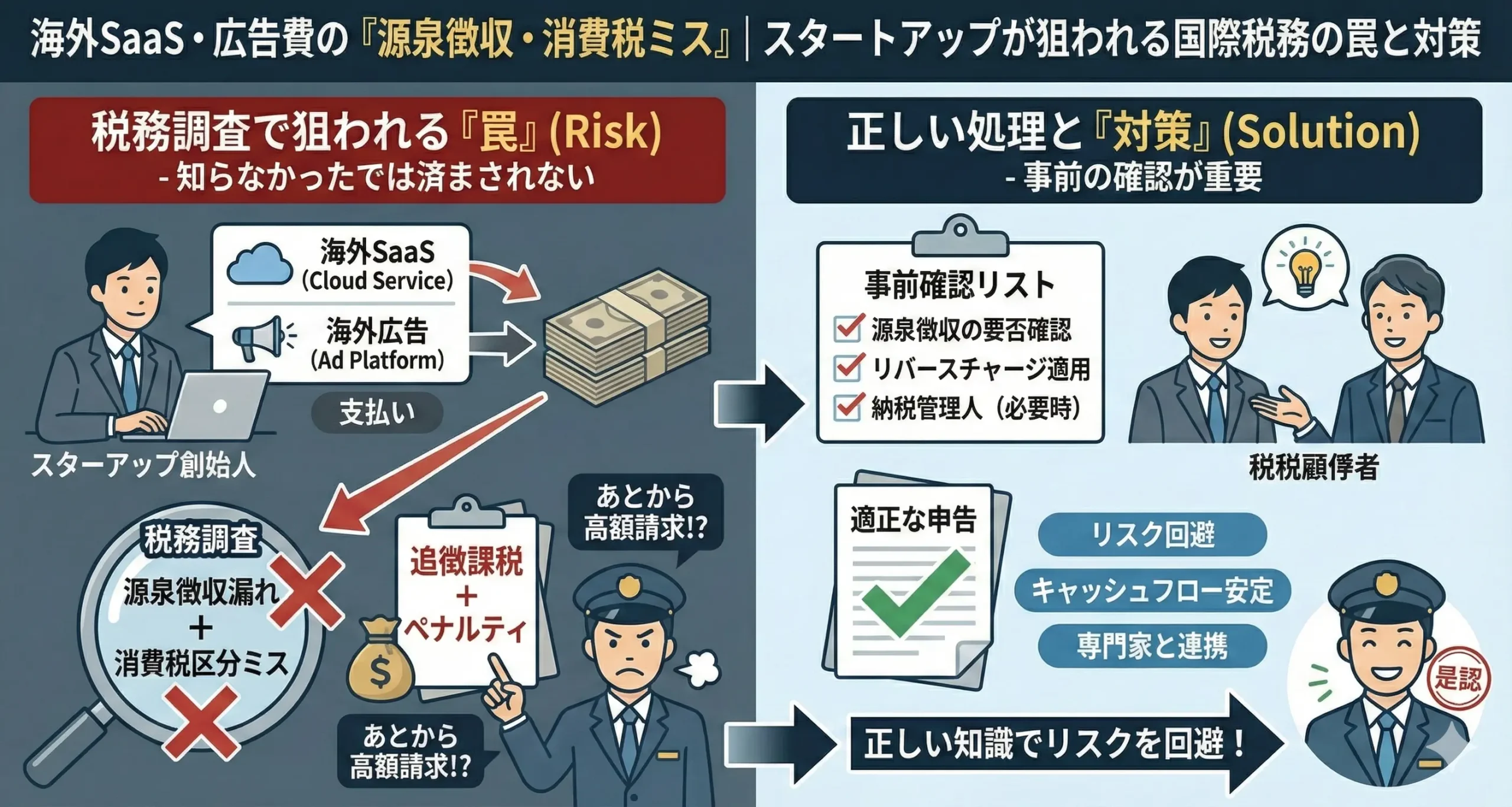 Google広告やMeta広告の消費税リバースチャージ方式の仕組みと、海外SaaS(AWS・Zoom)利用時の登録国外事業者確認、海外外注費の源泉徴収漏れリスク(グロスアップ計算)の図解