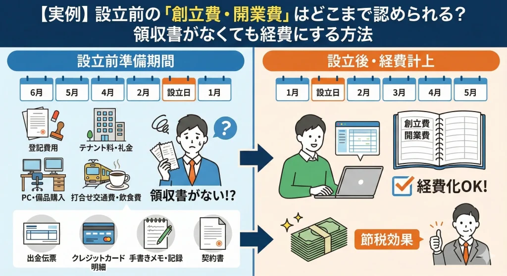 会社設立前の費用(創立費・開業費)を経費にする方法と、領収書を紛失した場合の出金伝票の書き方、任意償却による節税メリットの図解