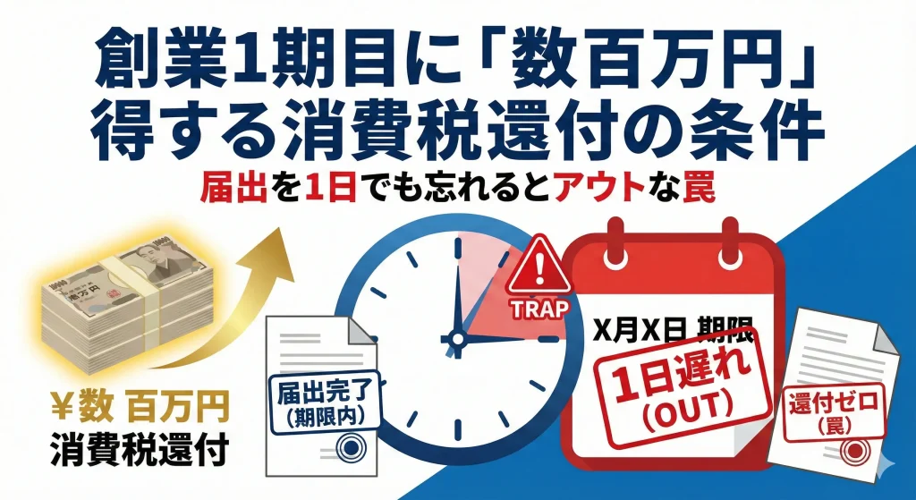 創業1期目のスタートアップが消費税還付を受けるための条件と、課税事業者選択届出書の提出期限(1日遅れで0円になる罠)の図解
