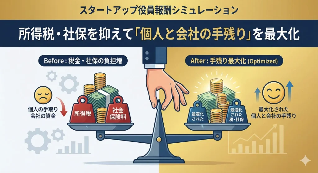 スタートアップの役員報酬シミュレーション|年収1000万円時の社会保険料負担と手取り最大化のグラフイメージ