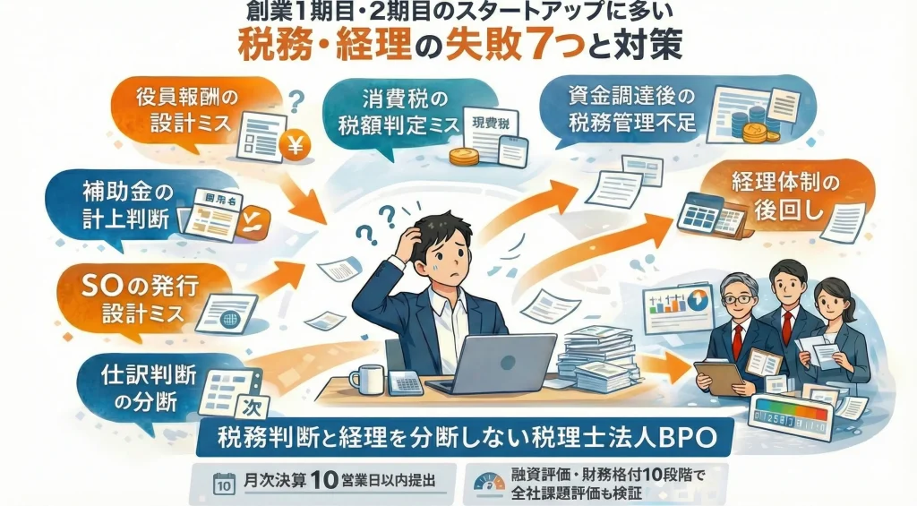 創業1・2期のスタートアップが陥る税務の失敗7選と、金融機関評価を上げる統合型経理BPOの図解