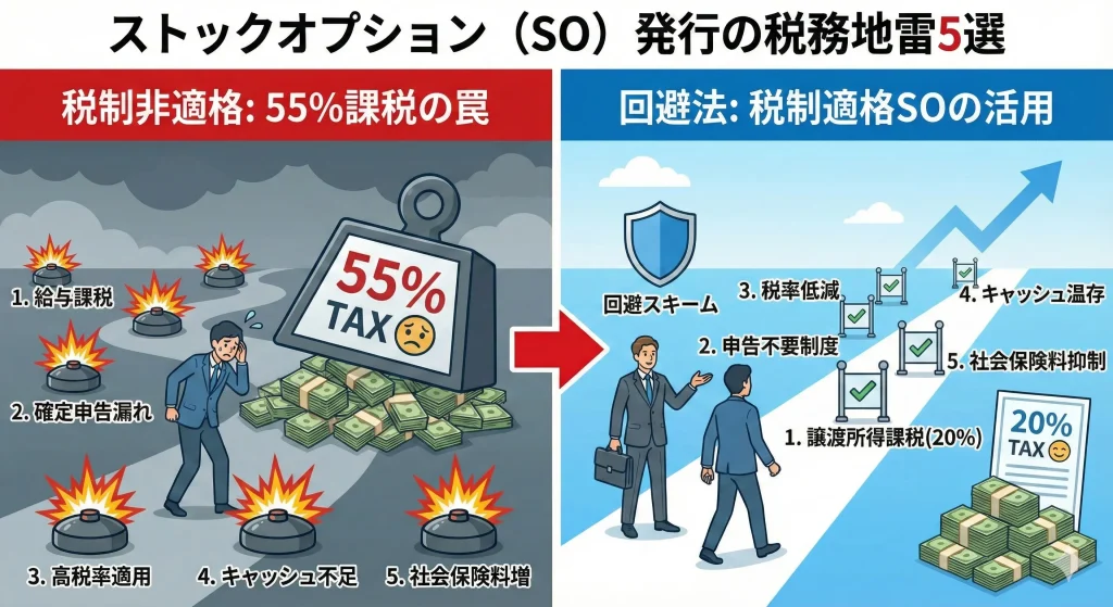 ストックオプション（SO）の税務地雷｜税制非適格で従業員に最大55%の課税が発生し、キャッシュフロー破産するリスクと回避策の図解