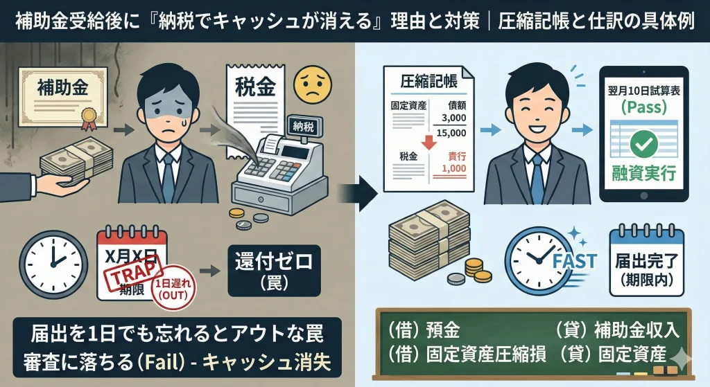 補助金の税金対策「圧縮記帳」の仕組み図解｜法人税でキャッシュが消えるのを防ぐ仕訳と条件、直接減額方式の解説