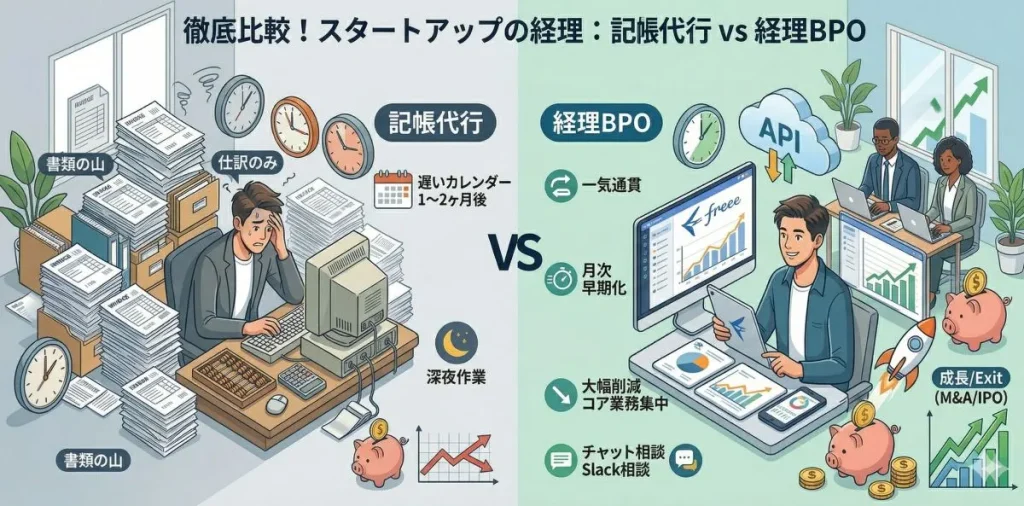 スタートアップ経営者が経理の外注(記帳代行 vs 経理BPO)を選ぶための、5つの決定的な違い(業務範囲、月次早期化、社長の時間、コミュニケーション、コスト)を象徴的に比較したアイキャッチイラスト