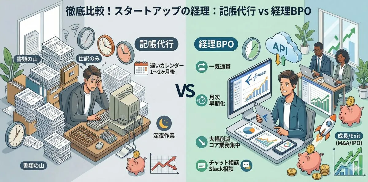スタートアップ経営者が経理の外注（記帳代行 vs 経理BPO）を選ぶための、5つの決定的な違い（業務範囲、月次早期化、社長の時間、コミュニケーション、コスト）を象徴的に比較したアイキャッチイラスト