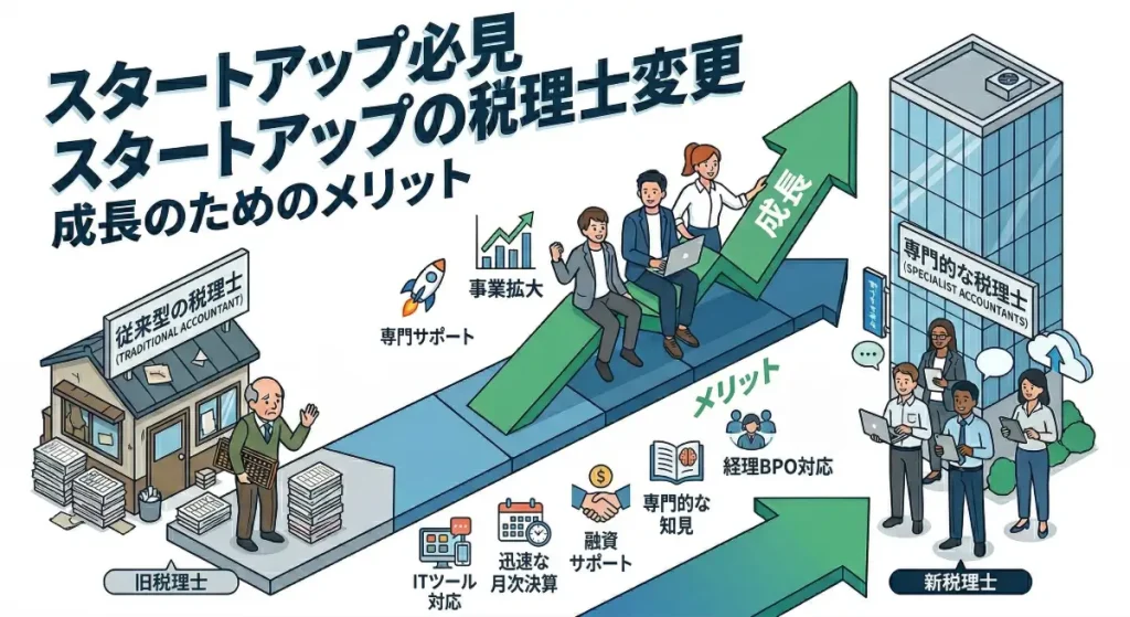 スタートアップが成長を目指して従来の税理士から専門的な税理士チームへと変更するメリットを、上向きの成長矢印と各ポイントで図解したイラスト