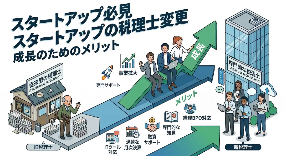 スタートアップが成長を目指して従来の税理士から専門的な税理士チームへと変更するメリットを、上向きの成長矢印と各ポイントで図解したイラスト